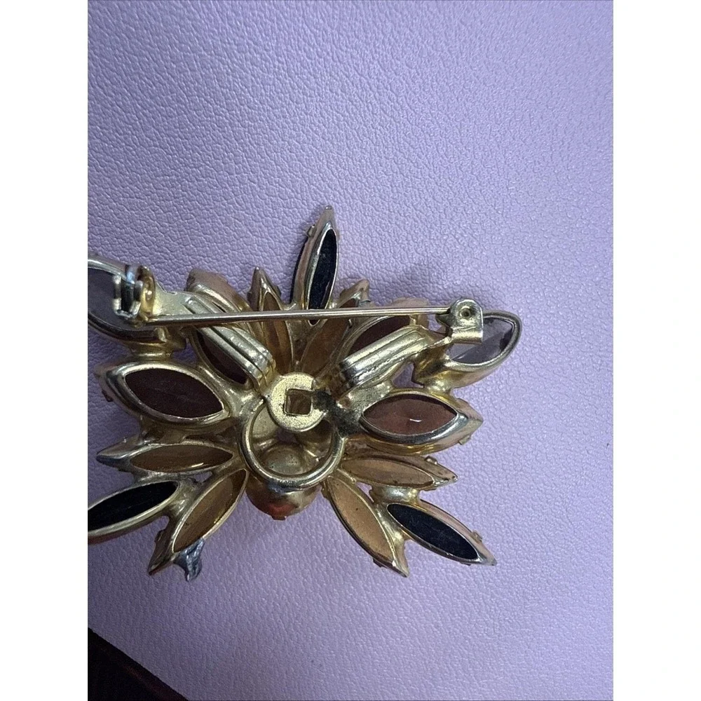 VTG Juliana Topaz Black Orange Rhinestones Floral Brooch Fall Autumn